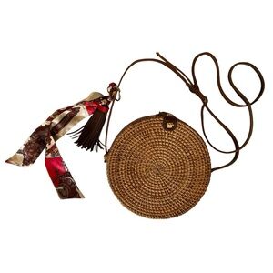 Handwoven Round Rattan Bag and Silk Ribbon Bow Tassel